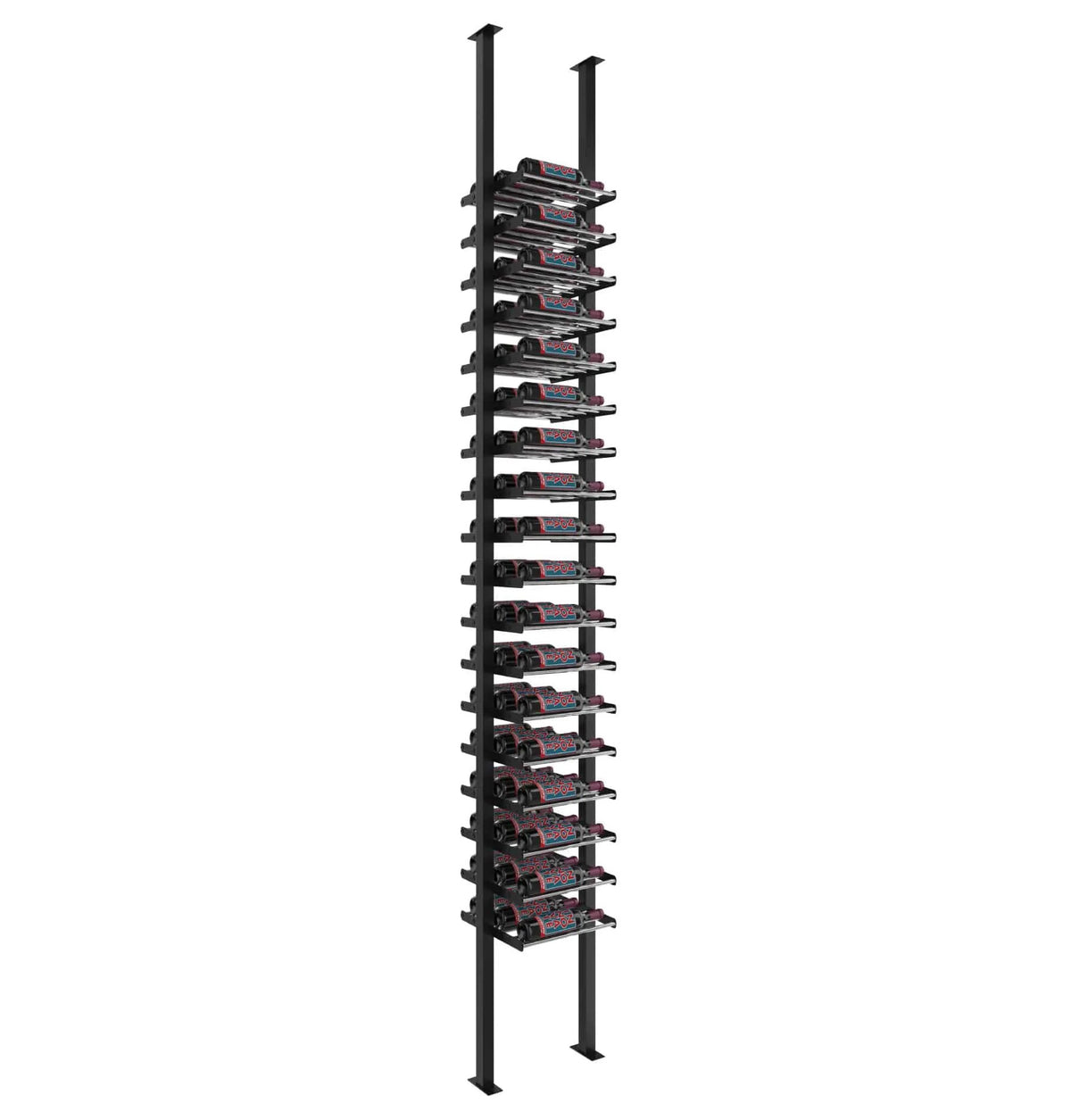 Black low-profile wine bottle post rack with stacked metal bottle holders
