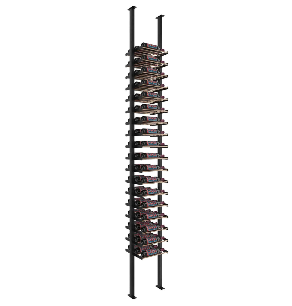 Black low-profile wine bottle post rack with multiple horizontal bottle trays