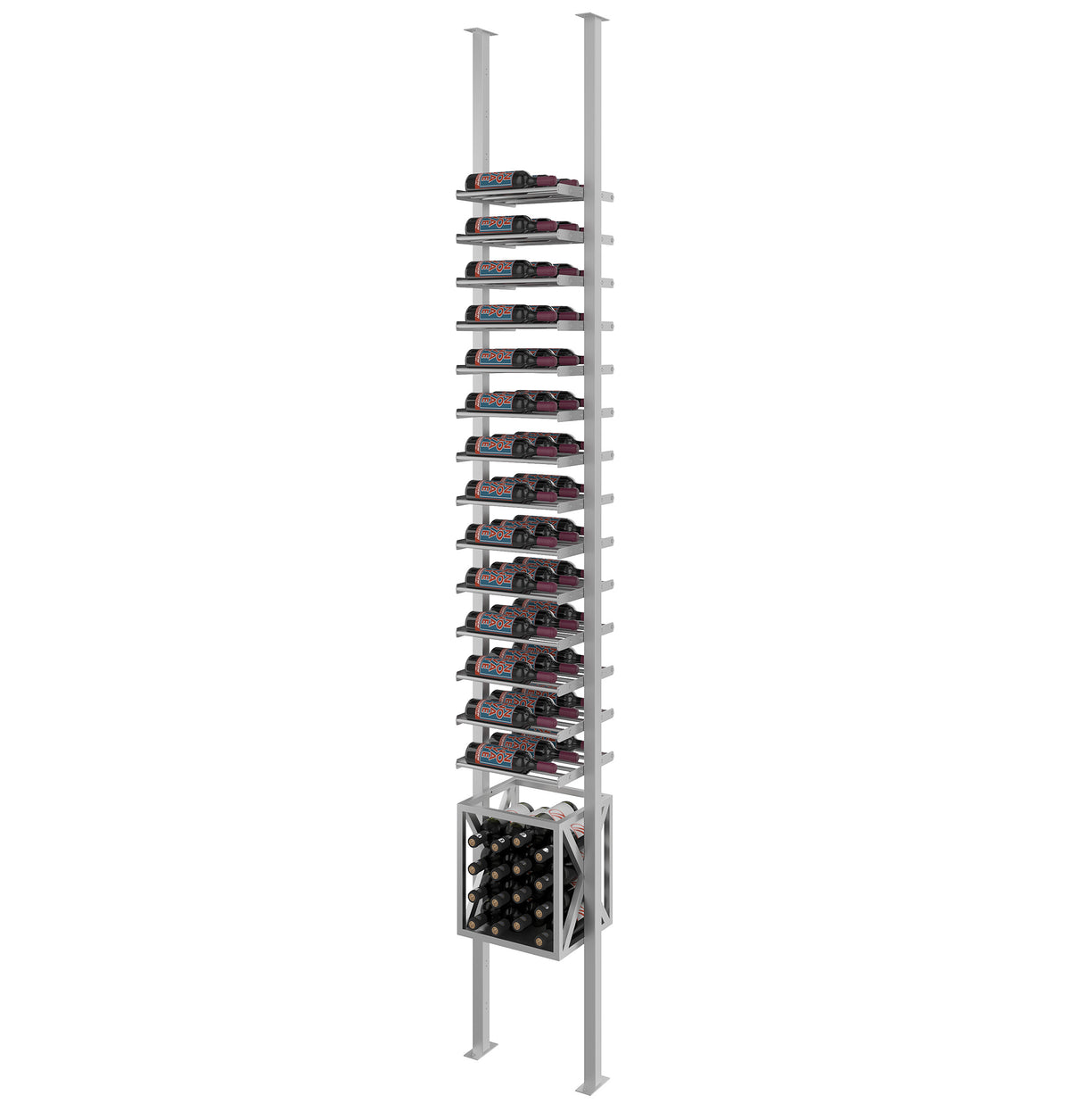 Freestanding wine bottle rack with silver frame, horizontal rows, and bottom bottle crate