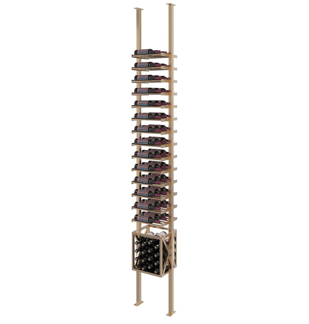 Freestanding wine bottle rack with light wood frame, horizontal rows, and bottom crate