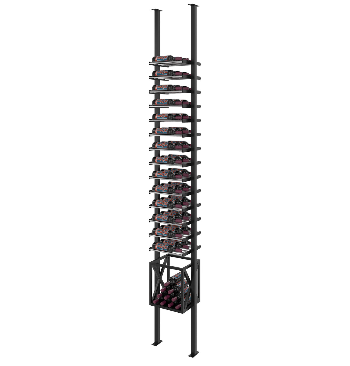 Freestanding wine bottle rack with black frame, horizontal rows, and bottom bottle crate
