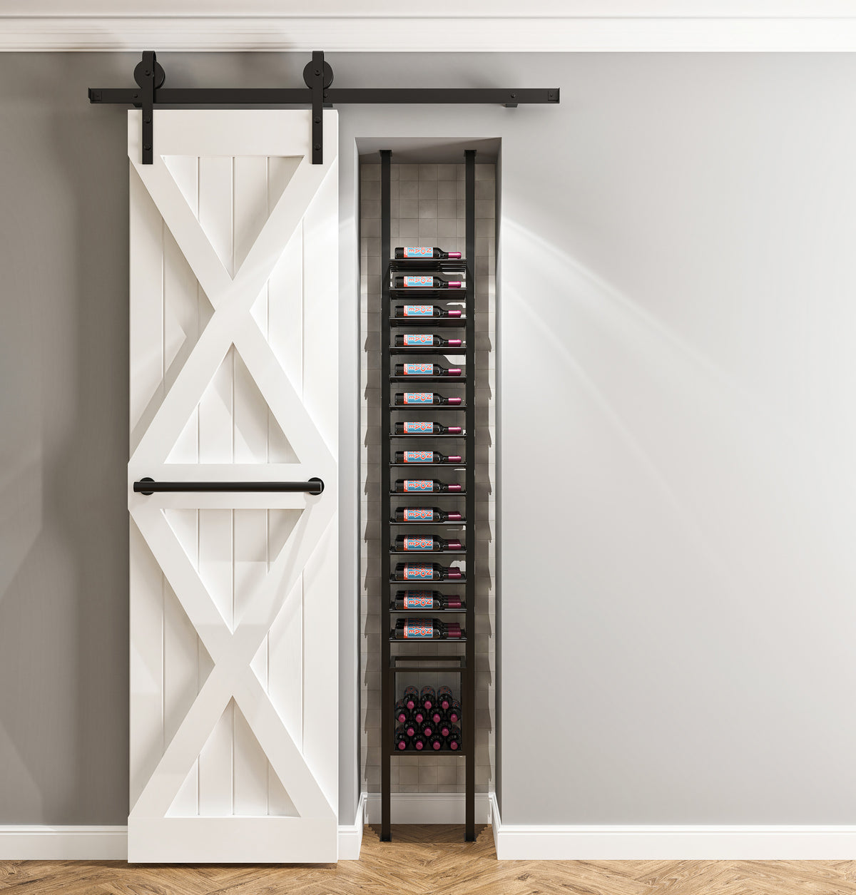 Wine bottle storage cabinet with X-panel doors and tall vertical bottle rack