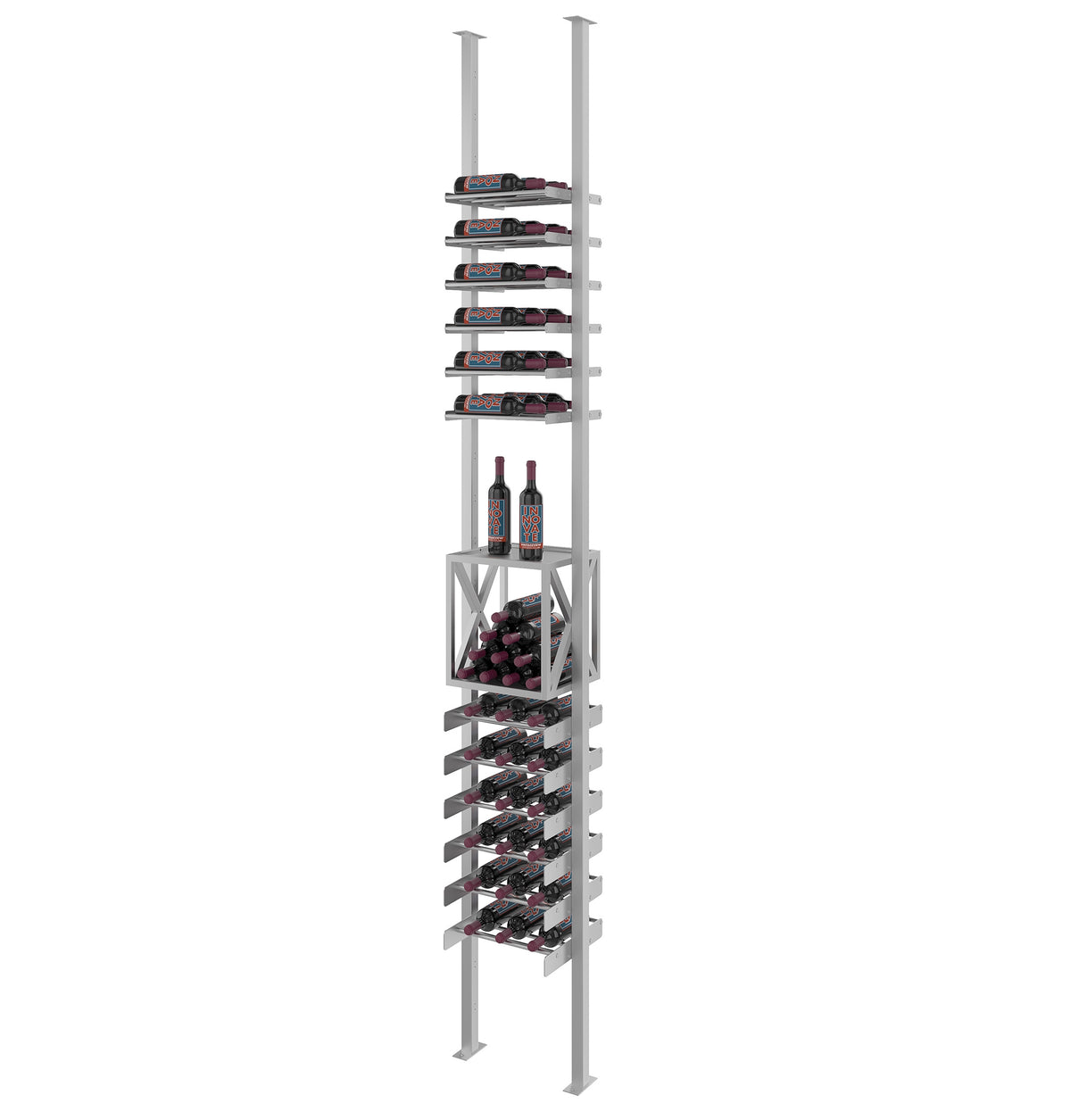 Low-profile wine box kit, tall silver vertical wine rack with bottle slots and wine bottles