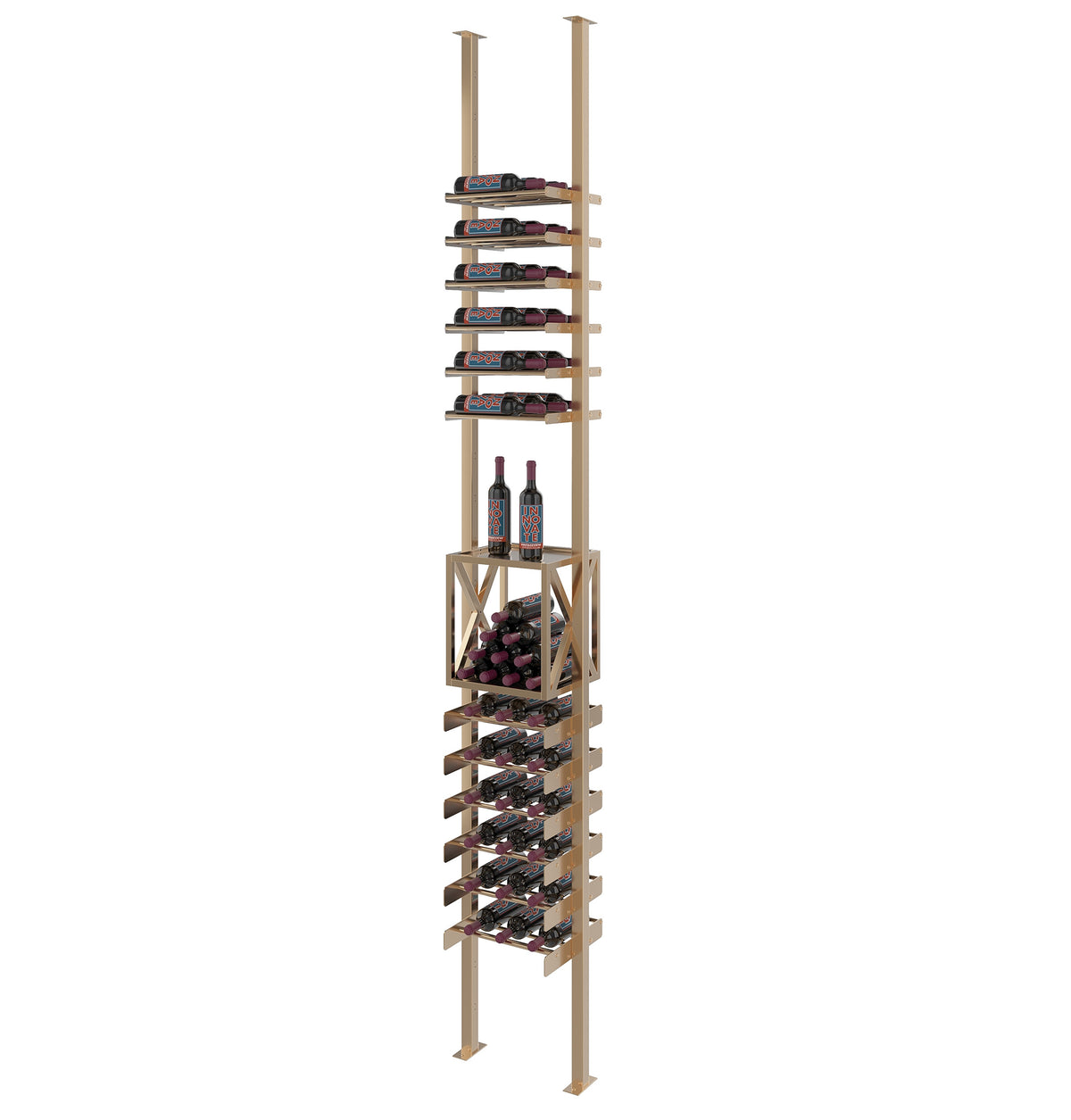 Low-profile wine box kit, tall golden bronze vertical wine rack with bottle slots and wine bottles