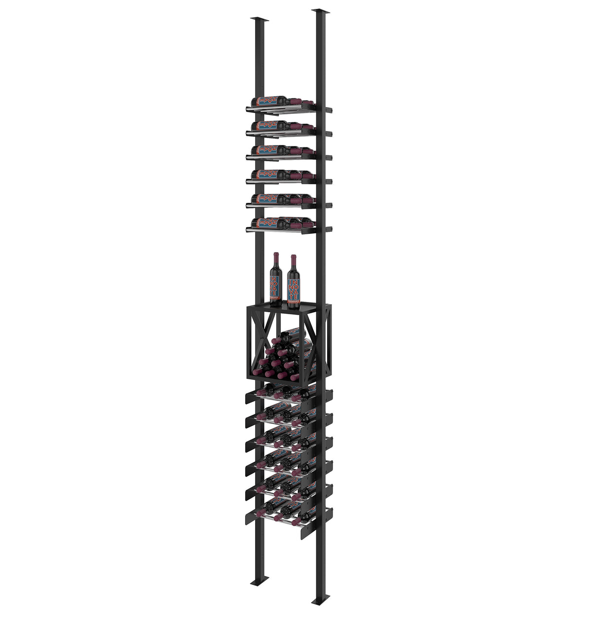 Low-profile wine box kit, tall black vertical wine rack with bottle slots and wine bottles