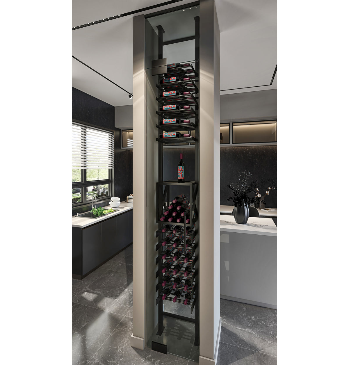 Low-profile wine box kit, installed tall vertical rack with red wine bottles in dark frame