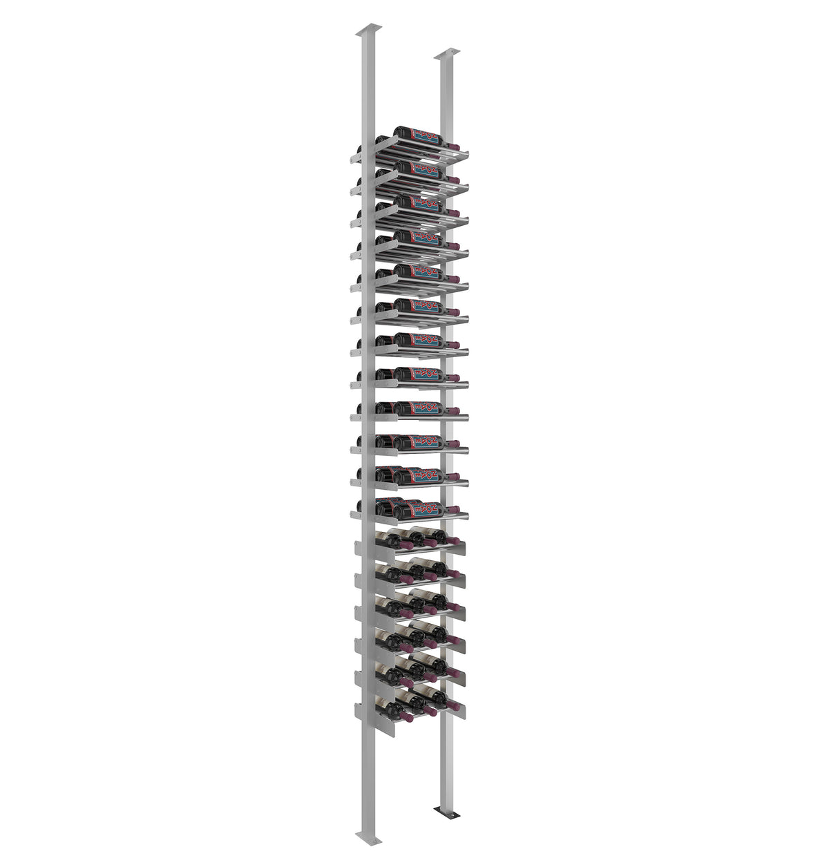 Wine bottle rack with horizontal ledges on light gray posts for countertop or floor use