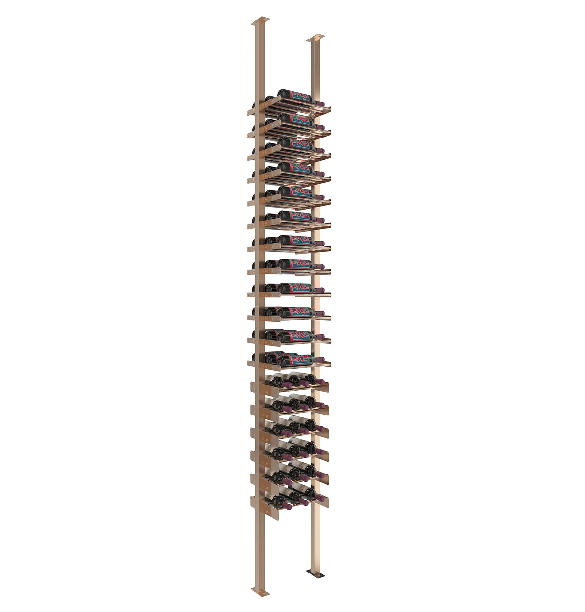 Wine bottle rack with horizontal ledges on bronze posts for countertop or floor use