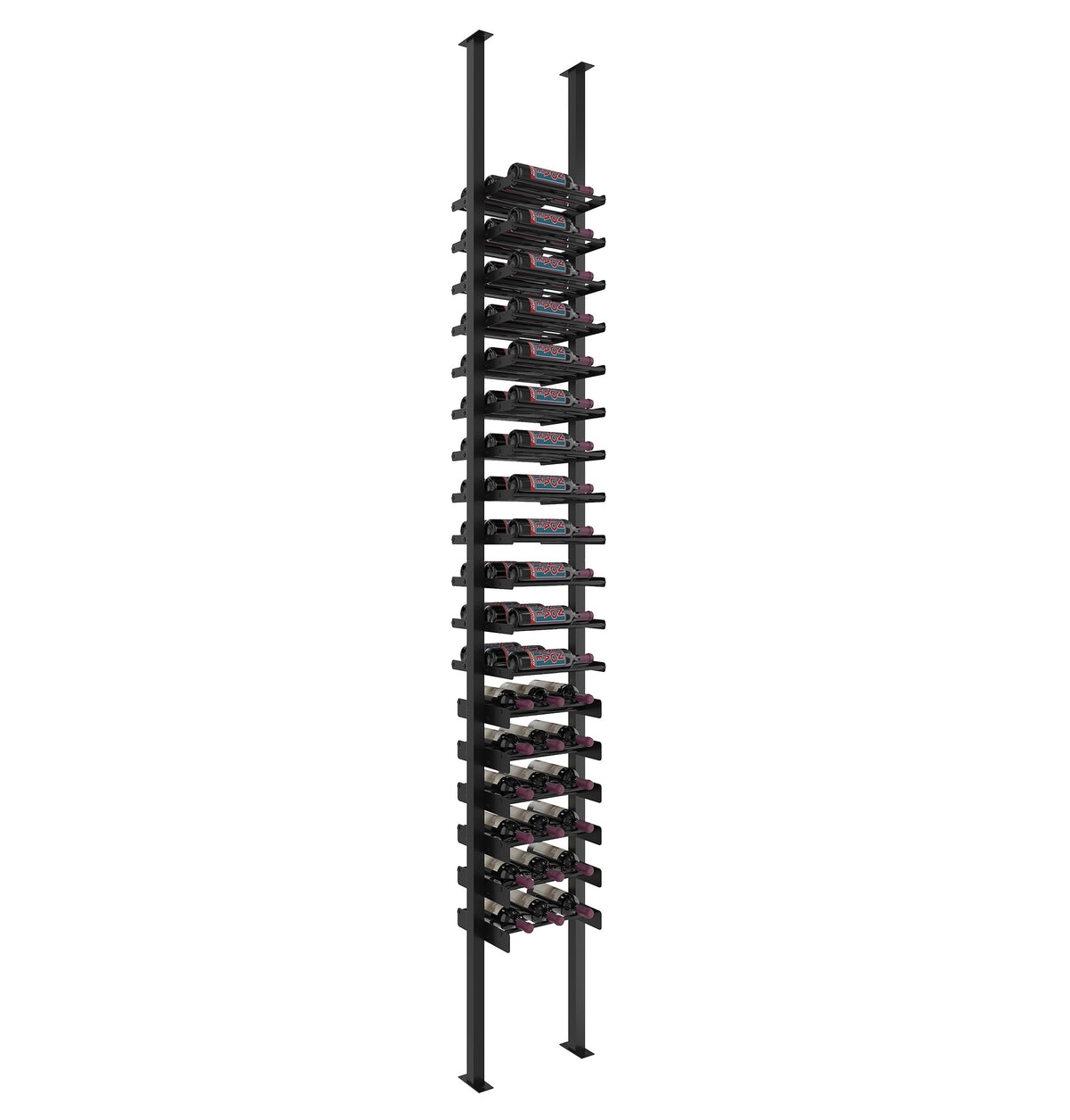 Wine bottle rack with horizontal ledges on matte black posts for countertop or floor use