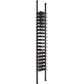 Wine bottle rack with horizontal ledges on matte black posts with multiple bottle rows