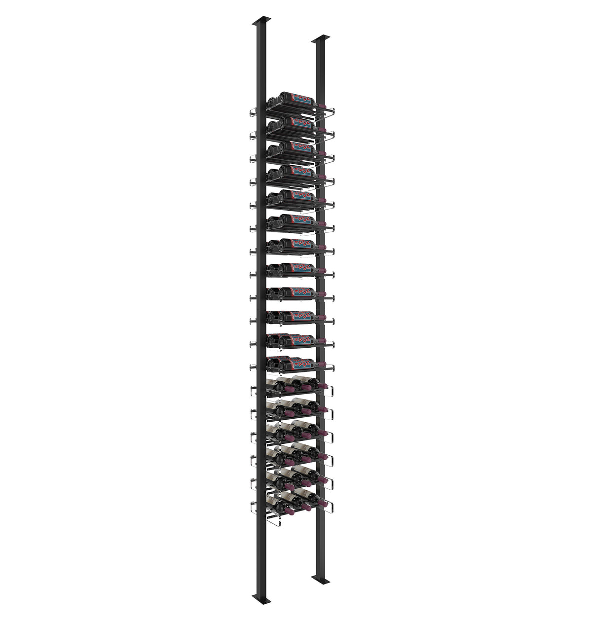 Wine bottle rack with horizontal ledges on matte black posts with multiple bottle rows