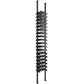 Wine bottle rack with horizontal ledges on matte black posts holding bottles on shelves