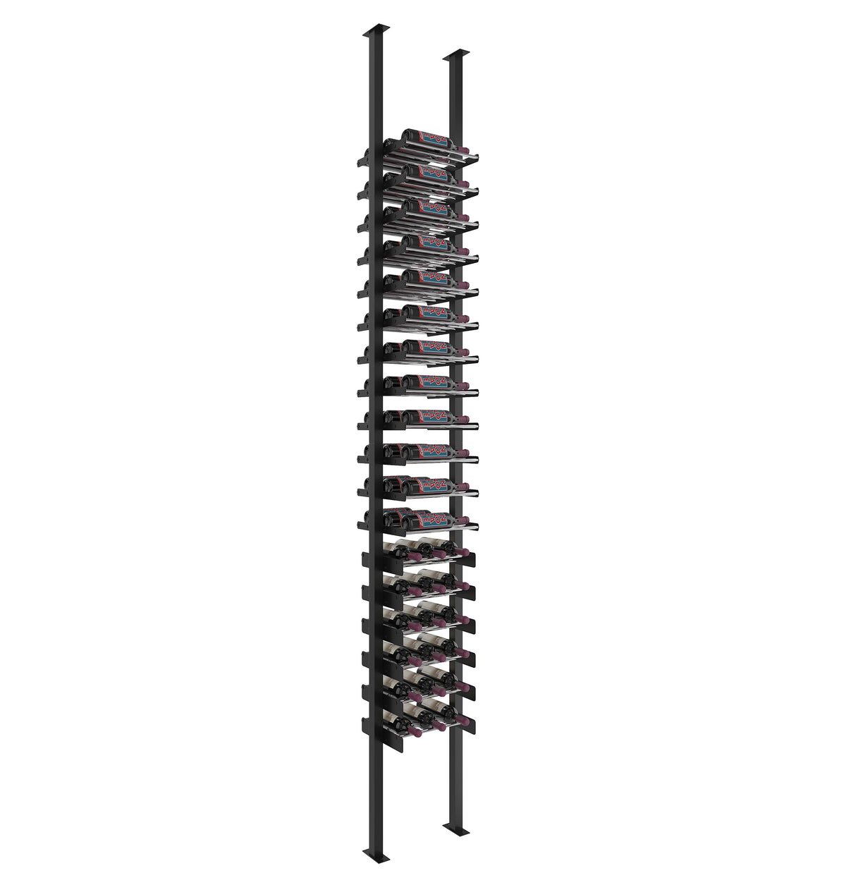 Wine bottle rack with horizontal ledges on matte black posts holding bottles on shelves