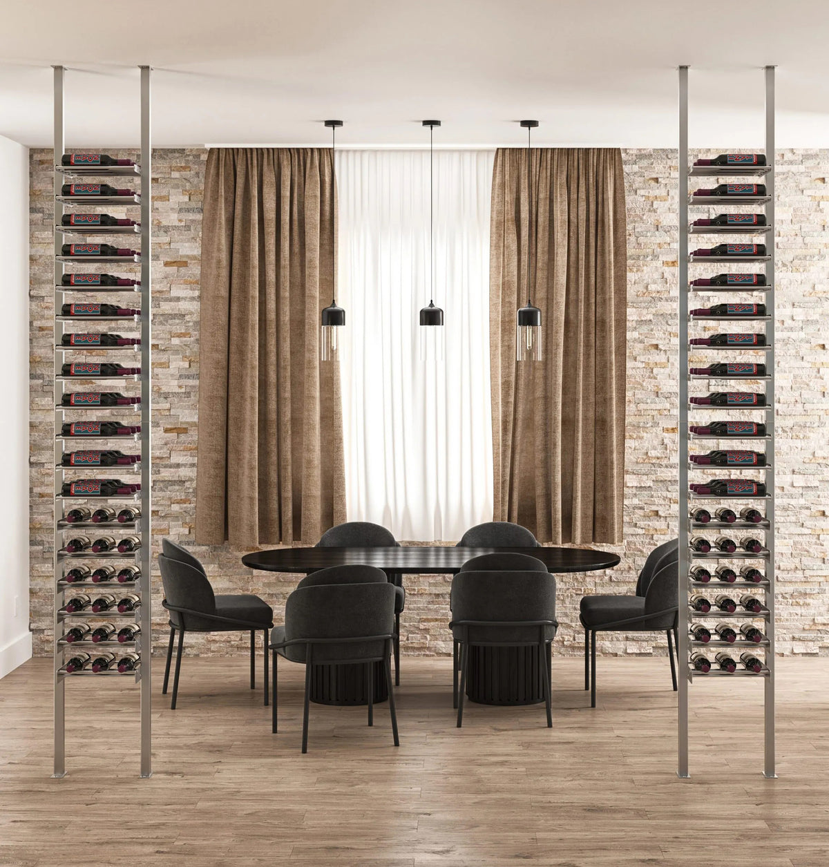 Low-profile wine bottle storage rack set with dark posts and multi-tier bottle ledges