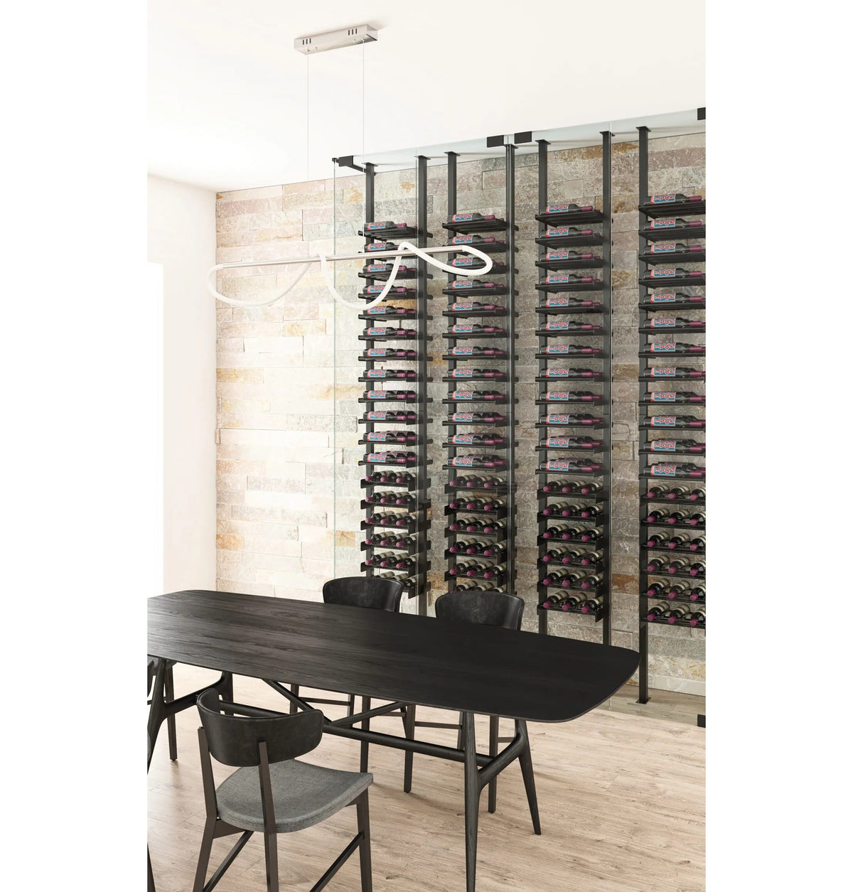 Low-profile wine bottle storage rack with dark posts and multi-tier black ledges