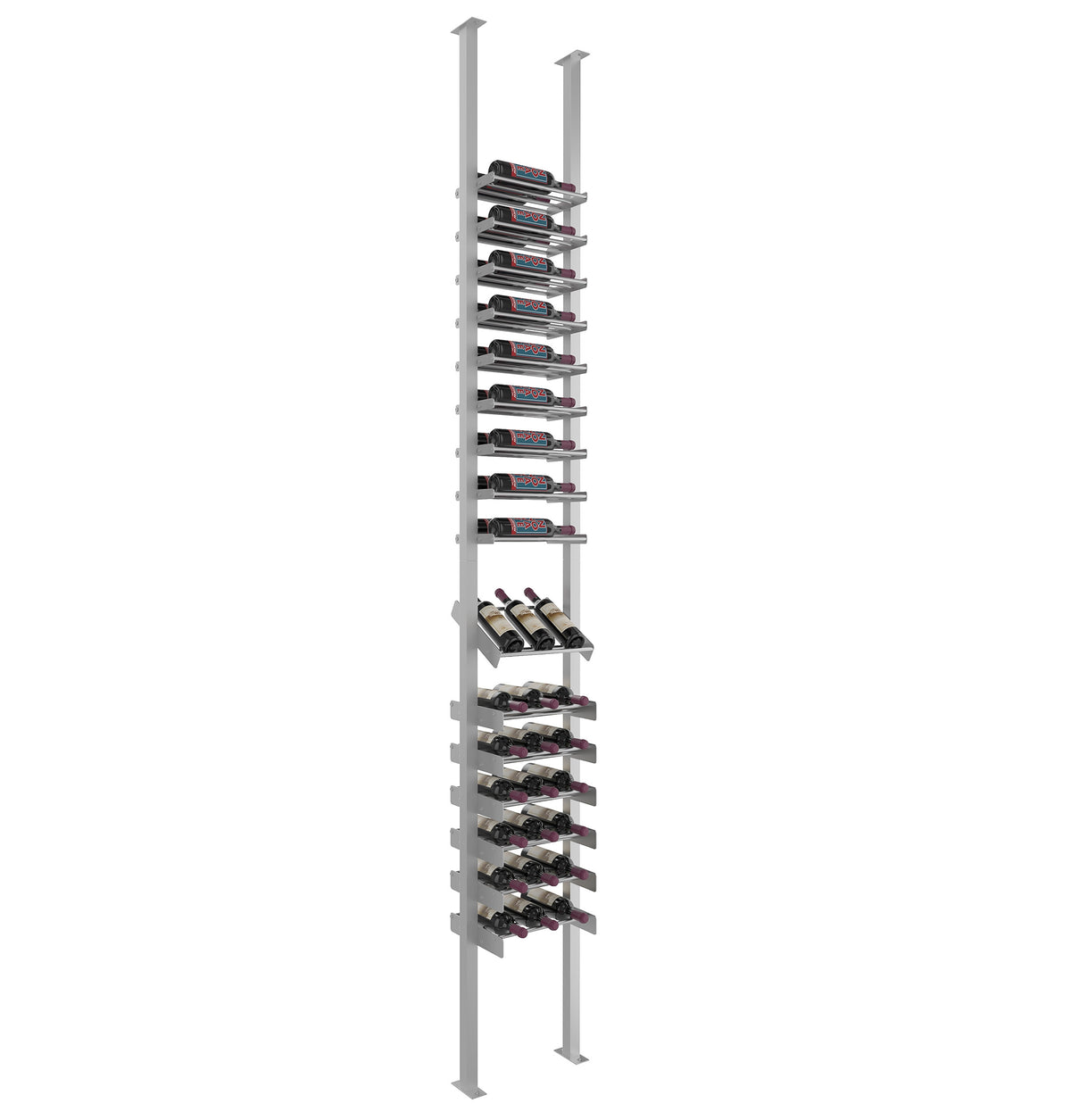 Wine bottle display rack with light gray frame and stacked bottle cradles