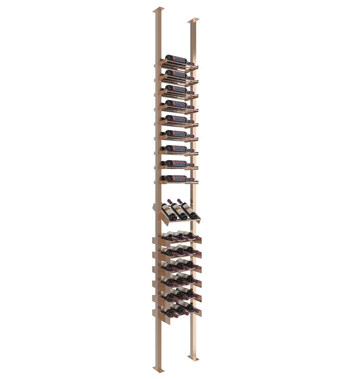 Wine bottle display rack with golden bronze frame and stacked bottle cradles