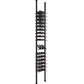 Wine bottle display rack viewed from the side with black frame and tiered cradles