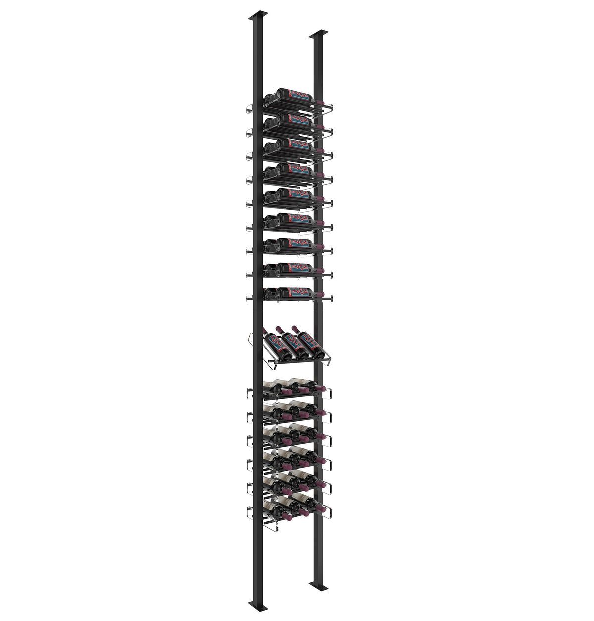 Wine bottle display rack viewed from the side with black frame and tiered cradles