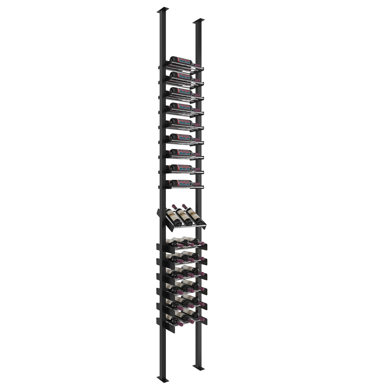 Wine bottle display rack with matte black frame and rows of bottle cradles