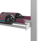 Low-profile wine bottle display rack with maroon-capped bottles, light gray shelf rails