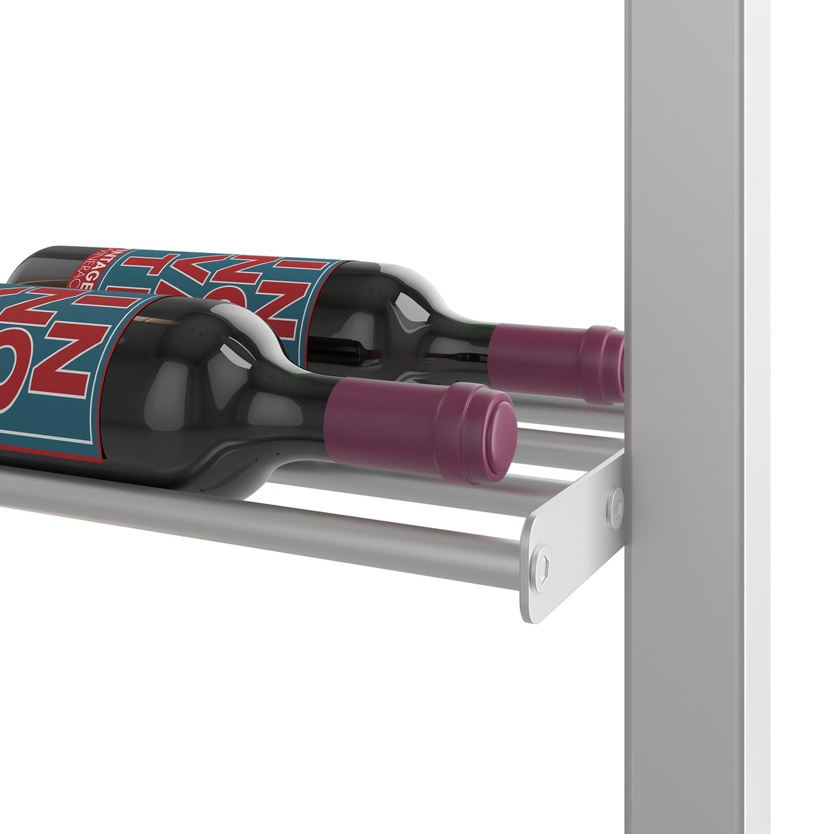 Low-profile wine bottle display rack with maroon-capped bottles, light gray shelf rails