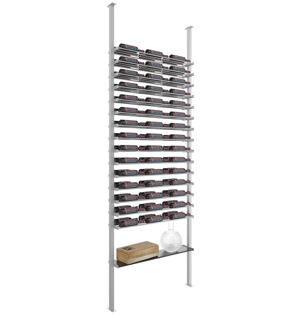 Cool gray low-profile wine bottle rack with stacked bottle slots and sphere on base shelf