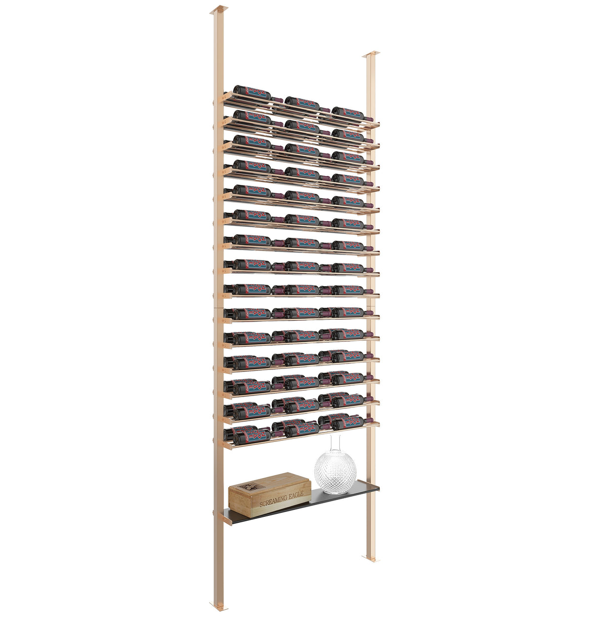 Golden bronze low-profile wine bottle rack with stacked bottle slots and base shelf