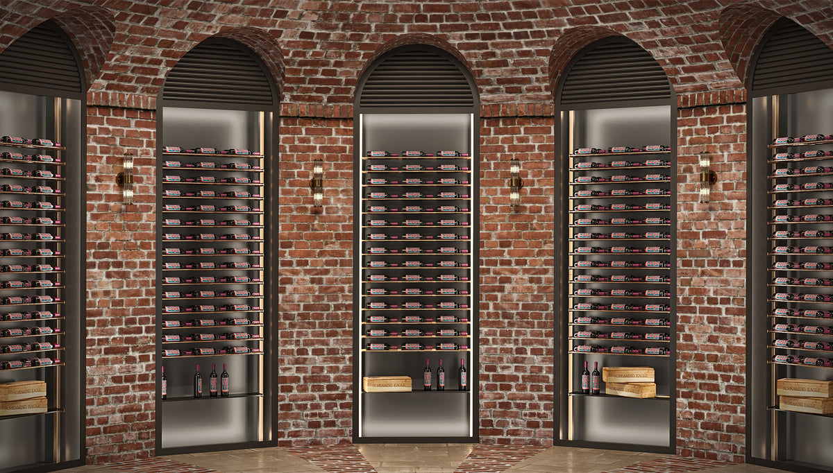 Low-profile wine bottle display with dark metal shelves and stacked bottle rows