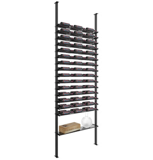 Black low-profile wine bottle rack with stacked bottle slots and sphere on base shelf