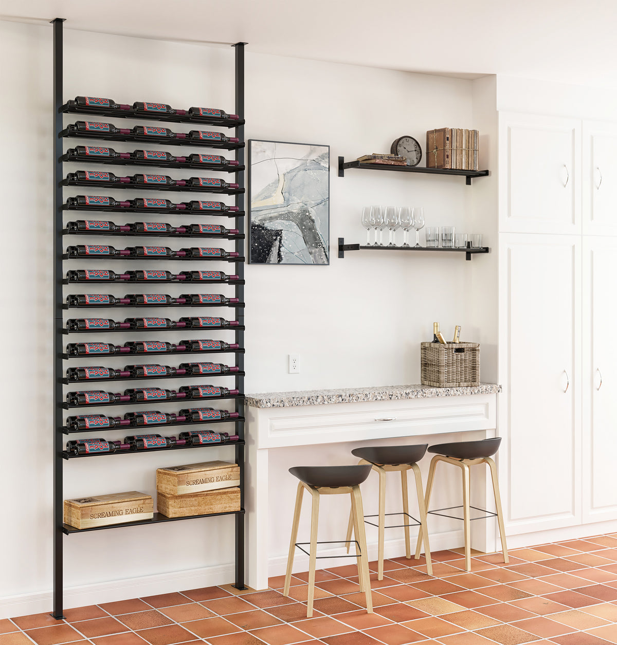 Black low-profile wine bottle rack with stacked bottle slots and a bottom wood storage shelf