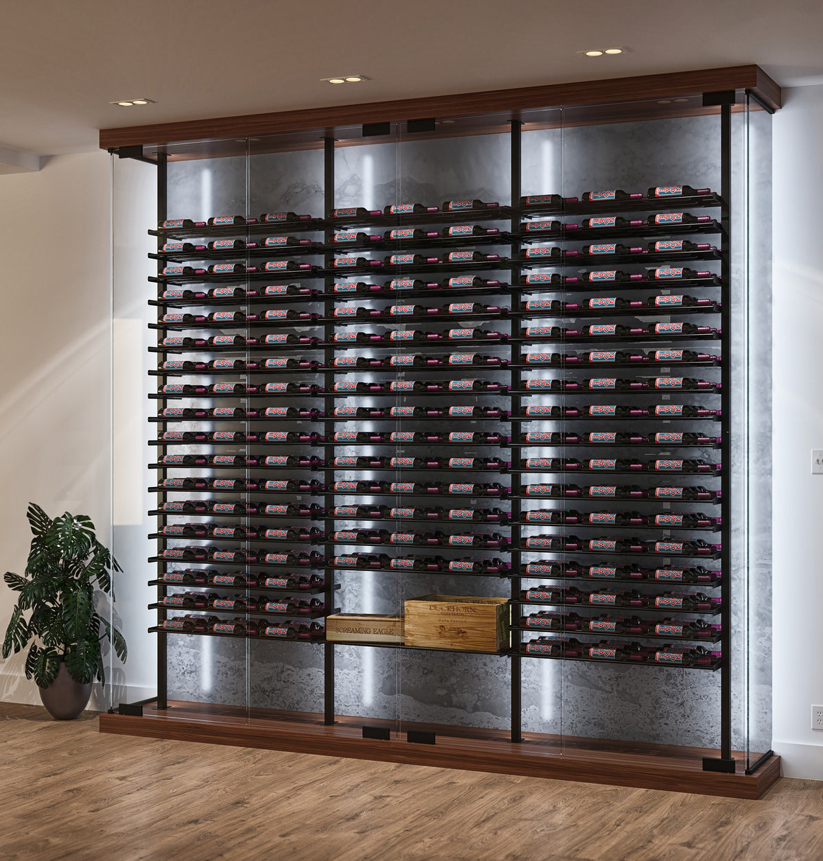 Evolution low-profile bottle display post kit, wall rack with dark rows of bottles