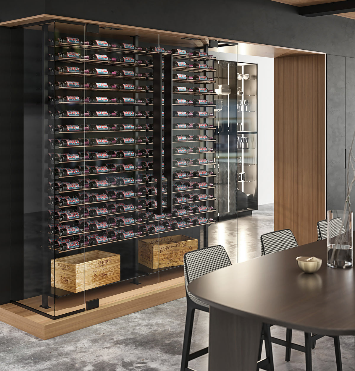 Wine storage wall with bottle racks on dark posts and an adjacent cabinet opening.