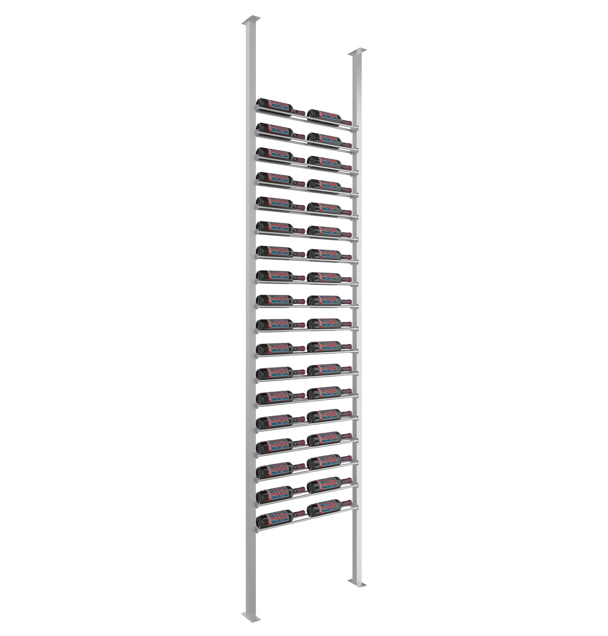 Low-profile post wine bottle rack kit with cool gray posts and bottle holders