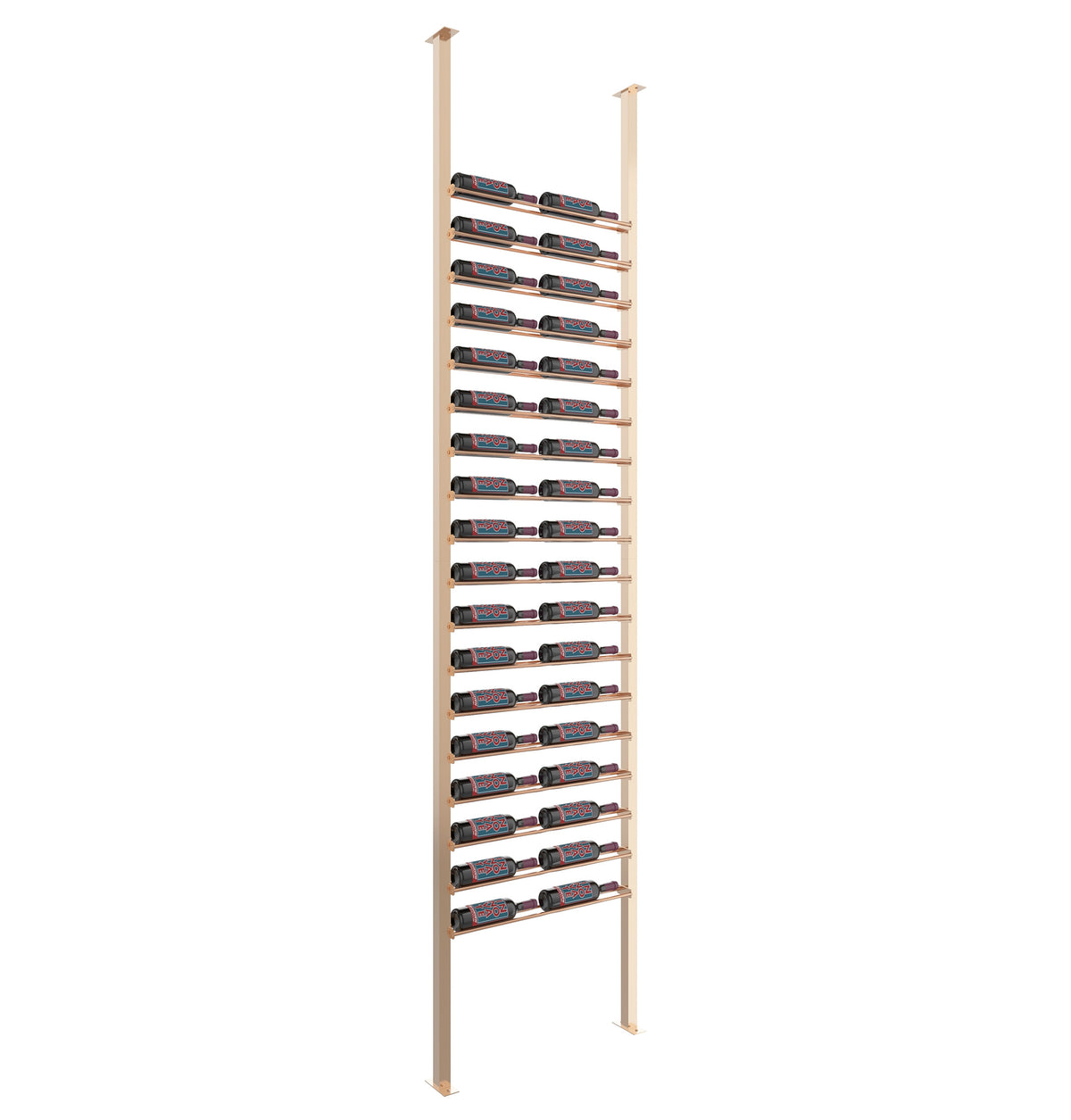 Low-profile post wine bottle rack kit with golden bronze posts and bottle holders