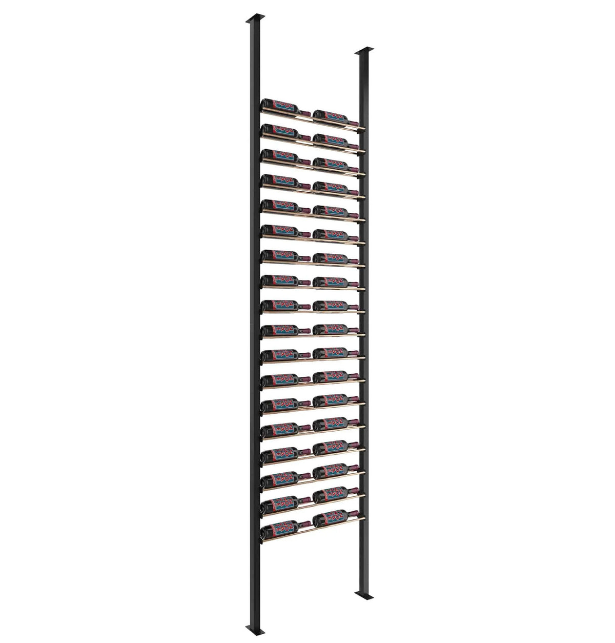 Low-profile post wine bottle rack kit with matte black posts and bottle row
