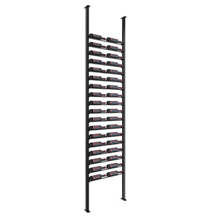 Low-profile post wine bottle rack kit with dark posts and multiple bottle holders