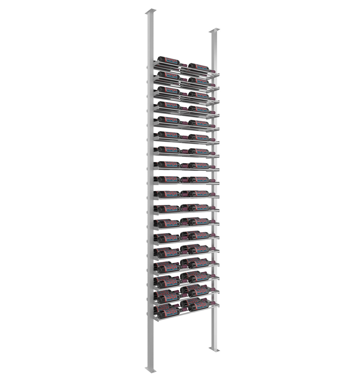 Wine bottle display rack with silver/gray metal posts and multi-row bottle storage