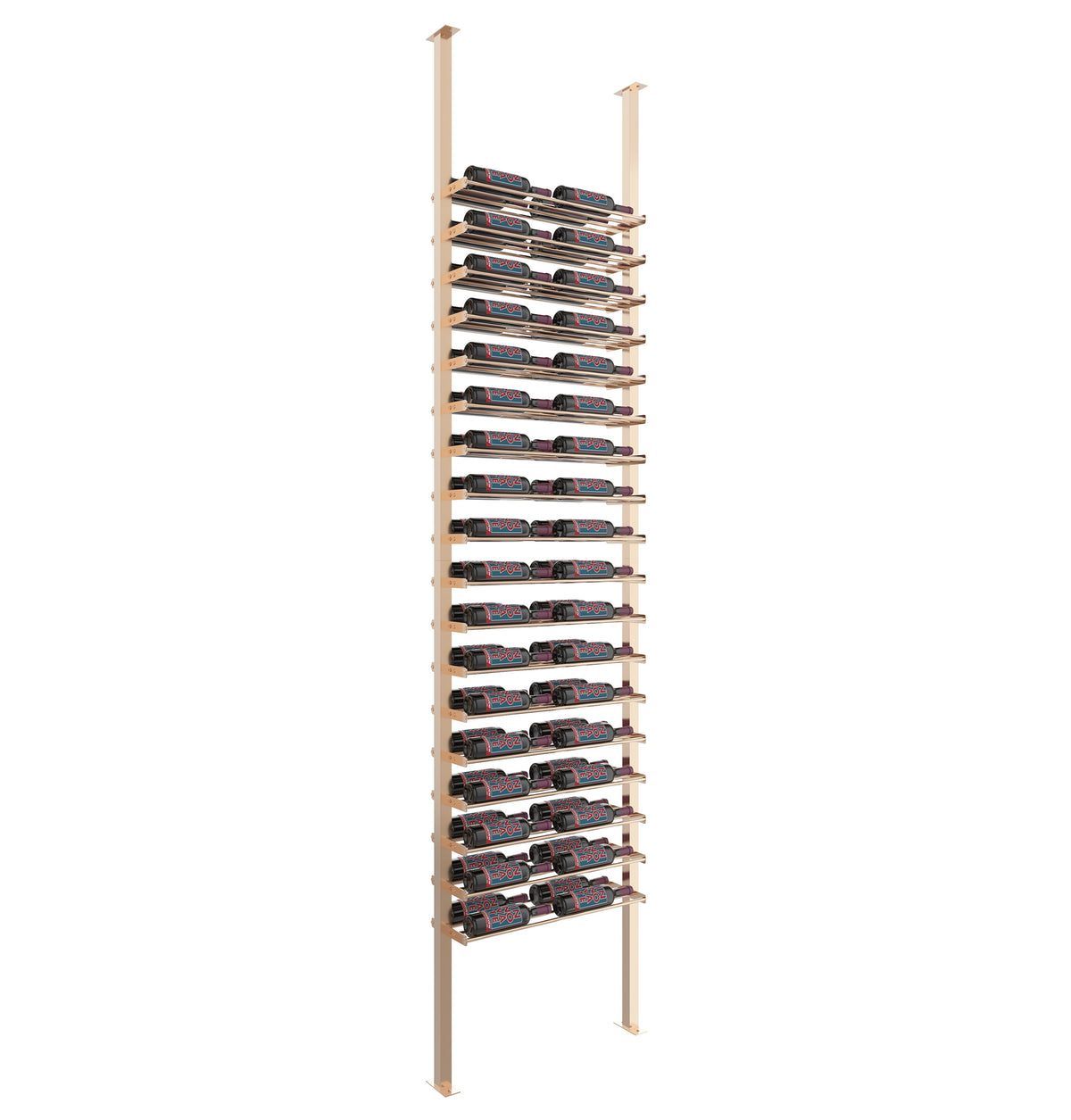 Wine bottle display rack with bronze metal posts and multi-row bottle storage