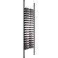 Wine bottle display rack with black metal posts and dense multi-row bottle storage