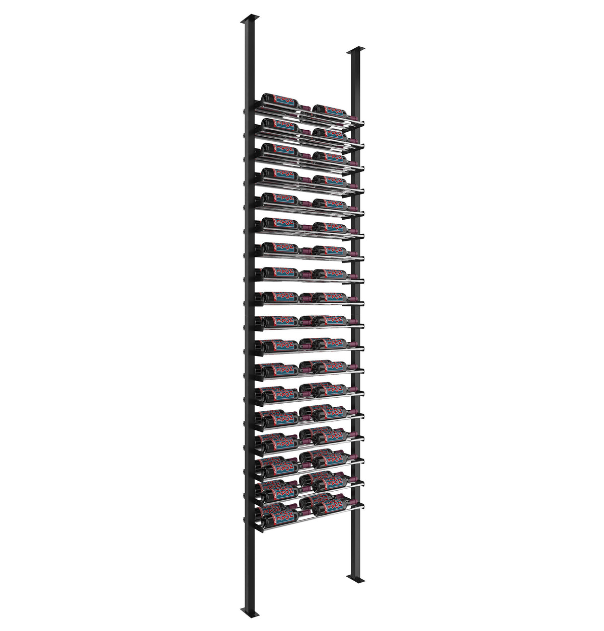 Wine bottle display rack with black metal posts and dense multi-row bottle storage