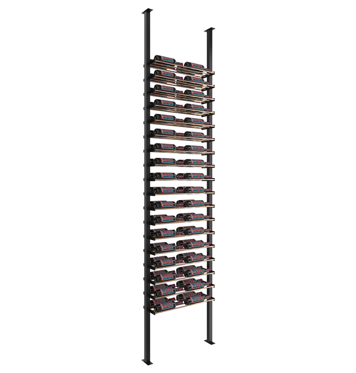 Wine bottle display rack with black metal posts and multi-row bottle holders