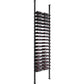 Wine bottle display rack with black metal frame and multiple bottle slots on two posts