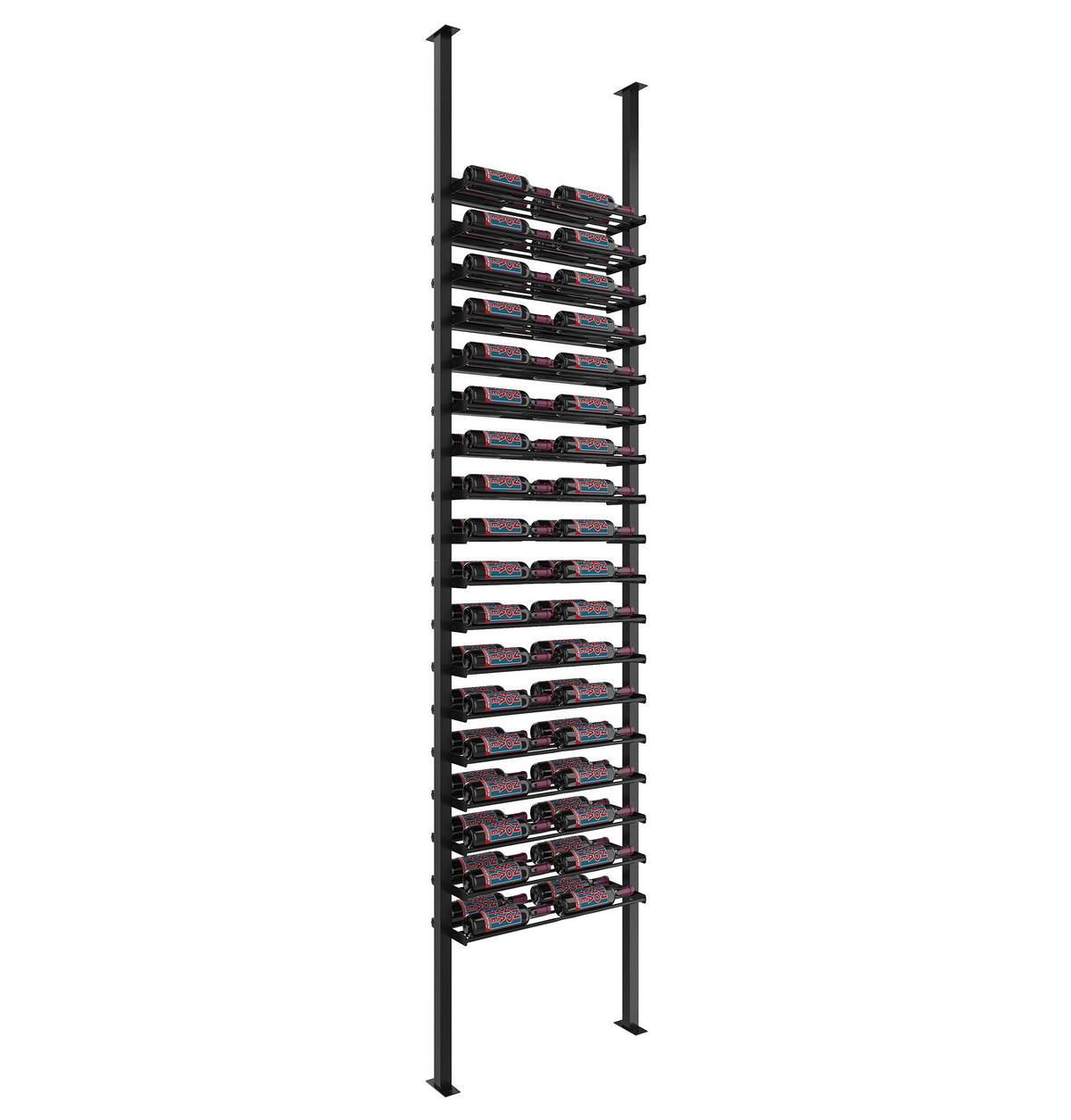 Wine bottle display rack with black metal frame and multiple bottle slots on two posts
