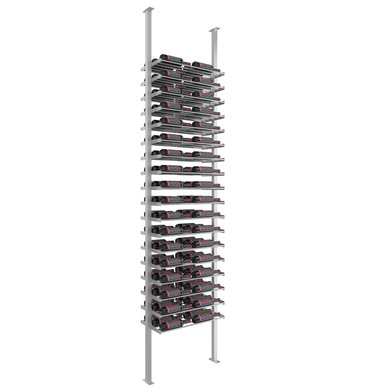 Wine bottle display rack with light gray metal posts and multiple horizontal bottle slots
