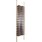 Wine bottle display rack with bronze metal posts and multiple horizontal bottle slots