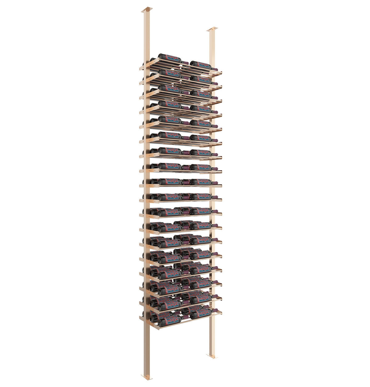 Wine bottle display rack with bronze metal posts and multiple horizontal bottle slots