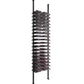 Wine bottle display rack with black metal posts and multiple horizontal bottle slots