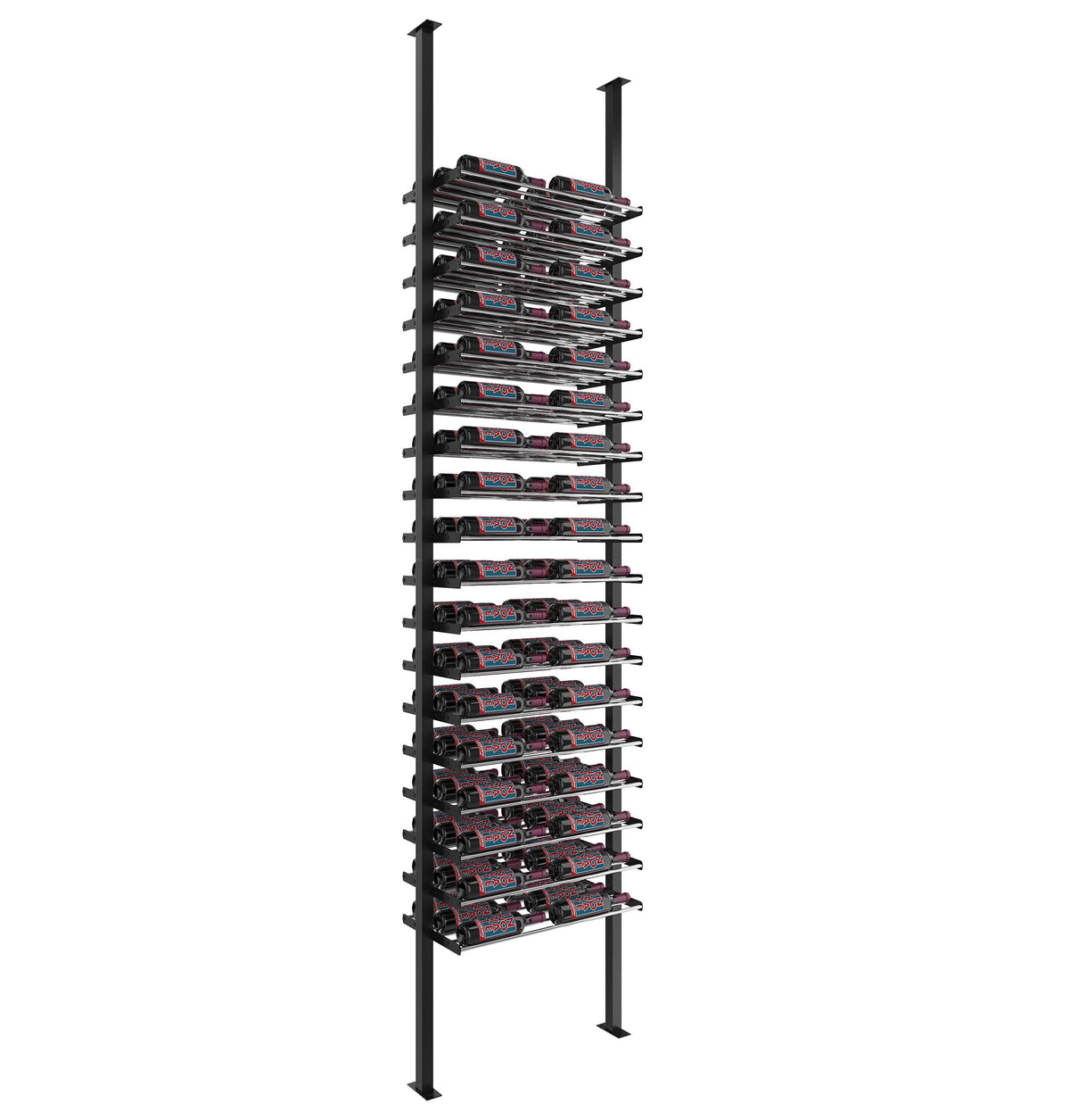 Wine bottle display rack with black metal posts and multiple horizontal bottle slots