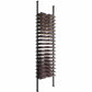 Wine bottle display rack with black metal posts and front-facing multi-row bottle holders